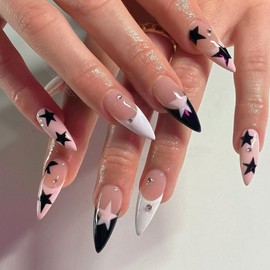 Almond Press on Nails French Medium Fake Nails Black Star False Nails with Rhinestone Design Full Cover Glue on Nails Press ons Glossy Acrylic Stick on Nails Artificial Nails for Women Manicure 24Pcs