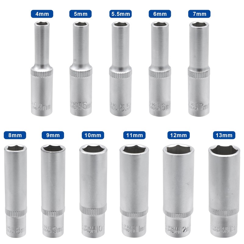 DAKCOS 11PCS Hex Long Socket Set,1/4" Drive Metric Deep Socket,