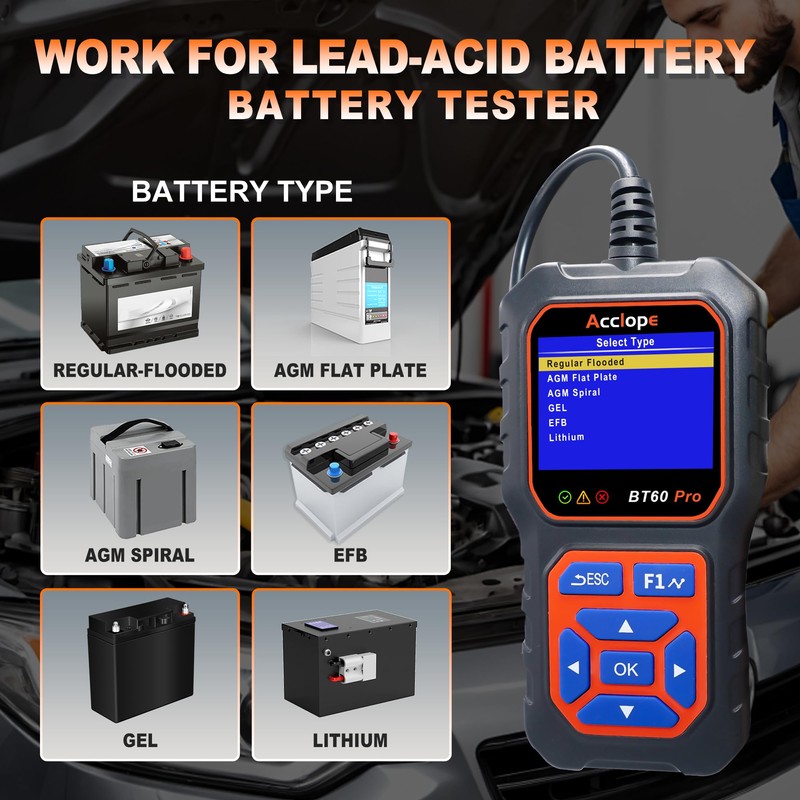 BT60 Pro Acclope Car Battery Tester with Cloud Printing 100-3000
