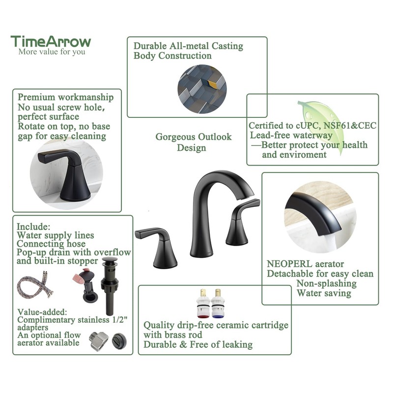 Matte Black Bathroom Sink Faucet, 2 Handle 8 inch Widespread