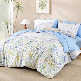 Yiran Blue Floral Comforter Set King Size, 7 Piece Watercolour Botanical Comforter Bedding Set, Bed in a Bag King, Soft Microfiber Complete Bedding Set with Sheets for All Season