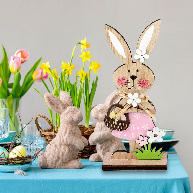 2 Pcs Easter Desktop Decorations, Easters Wooden Bunny, Stand up