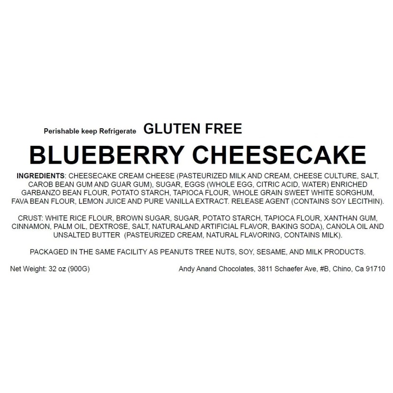 Andy Anand Gluten Free Blueberry Cheesecake 9" Made Fresh, Shipped