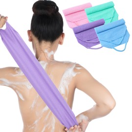 DOPENSPI 4PCS Exfoliating Back Scrubber with Handles, Nylon Double-Sided Exfoliator Extended Length Stretchable Body Exfoliating Washcloth Pull Strap Back Washer for Women Men