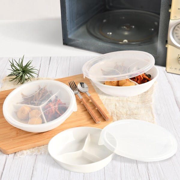 Sangsang&amp; 1+1 round 3-compartment sharing plate with sealed lid ceramic