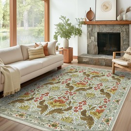Bavni 8x10 Area Rugs for Living Room, Microfiber Machine Washable Non-Slip Vintage Floral Rug, Low Pile Lightweight Carpet for Bedroom, Dining Room, Home Office, Pale Green & Mustard Yellow