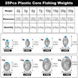 Realure 25 Pcs/8 Sizes Egg Shaped Sea Fishing Weights with Plastic Core Set, Drop Bass Weights Sinker Kit Casting Fishing Oval Sinkers, for Sea Carp Freshwater Fishing