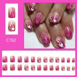 EYZOTSF Press on Nails Square Short Length Acrylic Square Shaped False Nails with Love Heart Designs Artificial Square French Fake Nails Glue ons Fingernails for Women Girls(C782)