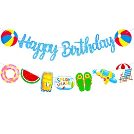Pool Happy Birthday Banners Blue Glitter Pool Birthday Party Banners Summer Swimming Party Decorations for Pool Theme Baby Shower Supplies