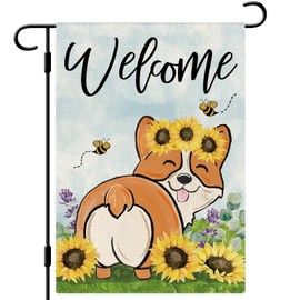 DLZDN Welcome Sunflower Garden Flag Corgi Dog Garden Flag 12×18 Inch Double Side Vertical Burlap Farmhouse Yard Flag Spring Summer Seasonal Outdoor House Decoration