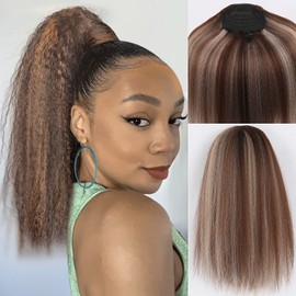 LEOSA Drawstring Ponytail Extension Kinky Straight Ponytail for Women Highlight Pony tails Hair Extensions Synthetic Short Ponytail Drawstring Clip on Ponytails for Women Brown Hair Ponytail