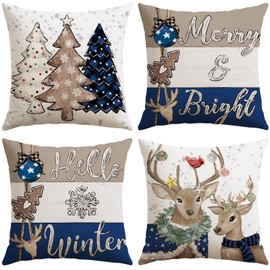 Christmas Throw Pillow Covers 16x16 Inch Set of 4, Merry & Bright Reindeer Christmas Tree Blue Pillow Cases Hello Winter Holiday Xmas Decorative Cushion Covers for Sofa Bed Couch