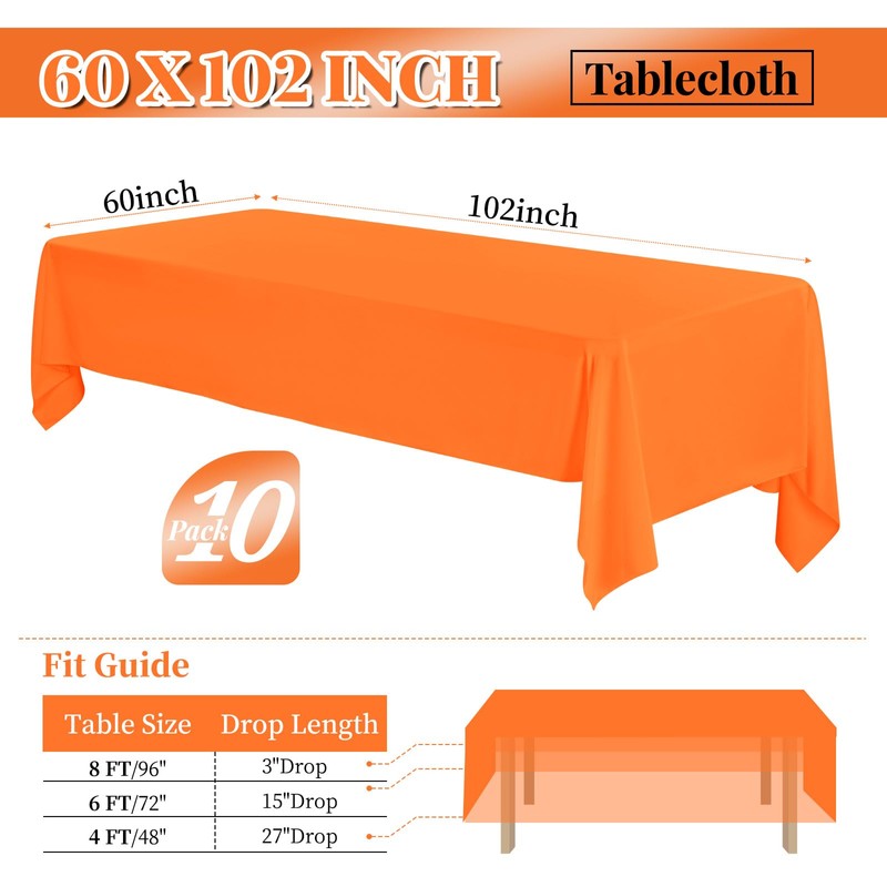 10 Pack 60 x 102 Inch Tablecloth, Orange Tablecloth for