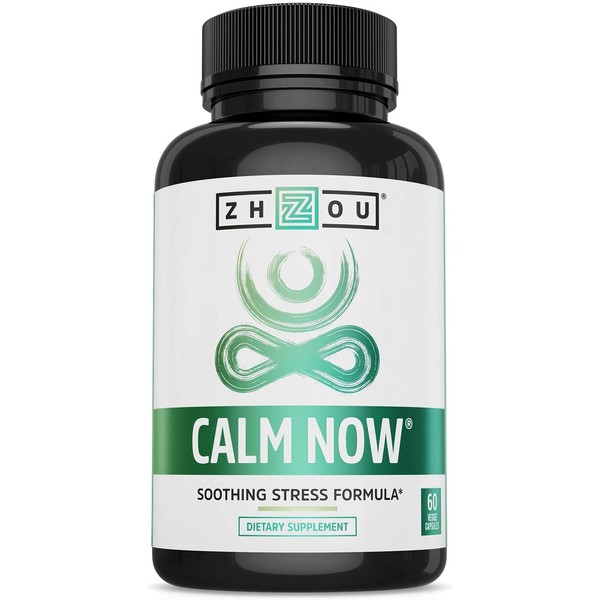 Zhou CALM NOW Soothing Stress Support | Keep Busy Minds Relaxed, Focused & Positive | Supports Serotonin Increase | 60 VegCaps