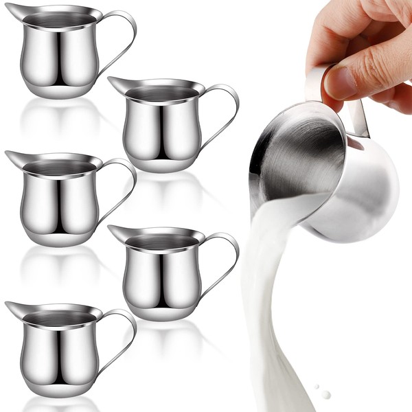 Yesland 6 Pack 3 oz Bell Creamers, Stainless Steel Wide Mouth Creamer Pitcher with Pouring Spout for Cream, Milk & Sauce
