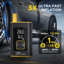 Six Craftsmen Tire Inflator Portable Air Compressor,Powerful 150PSI&4000mAh Cordless Mini Bike Air Pump For Auto, Car Tire Pump With Digital Pressure Gauge For Cars, Bike & Motorcycle Tires, Ball