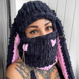 XKCL Bunny Hat - Knit Plush Bunny Long Ears Fluffy Cosplay Party Hat (Black Pink)