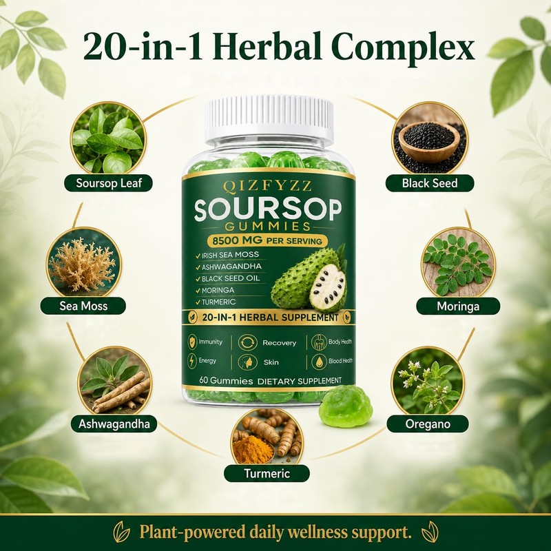 Qizfyzz Soursop Gummies, Antioxidant, Immune & Energy Support, Herbal Daily