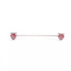 LionGothic Industrial Barbell w/Front Facing Red Heart Shape Garnet Cubic Zirconia Ends 14G