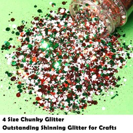 Renfio Resin Glitter, Red Green White Mixed Chunky Glitter, Festivals Hexagon Sequins Flakes - Christmas Party