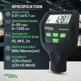 Coating Thickness Gauge CM-224Auto 2025 | Paint Thickness Meter, Digital Paint Depth Gauge for Cars, Fe+Zn Zinc Detection, Auto Calibration, 0.1 μm/0.01 mil Resolution, Large LCD, High Precision