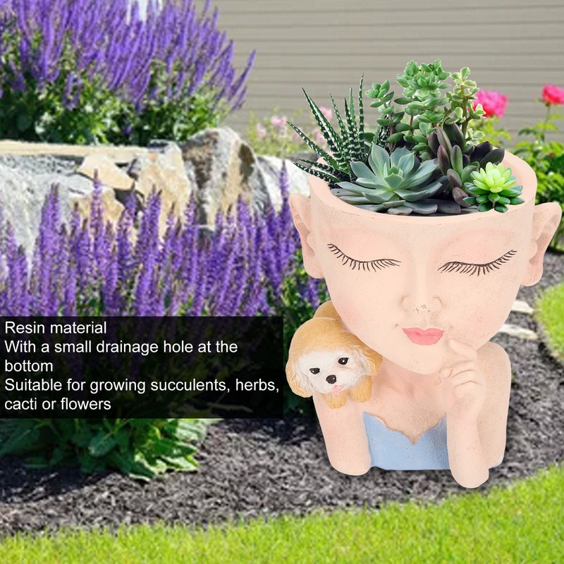 Flower Pot Girl and Dog Cute Style Bottom Drainage Hole