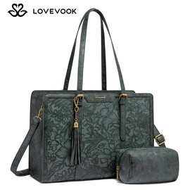 LOVEVOOK 15.6'' Canvas Laptop Tote Bag for Women with Clutch Purse, Lightweight Tote Bag Large Capacity Computer bag, Vegan Leather, Crossbody Bags for Business, Work, Office, Travel, School, Casual:_Green Embossed(Leather)_15.6''