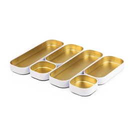 Three by Three Seattle 6 Piece Shallow Metal Organizer Tray Set for Storing Makeup, Stationery, Utensils, and More in Office Desk, Kitchen and Bathroom Drawers (1 Inch, Gold and White)
