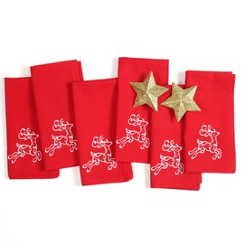 Cotton Clinic Christmas Napkins - Xmas Cloth Dinner Napkins 100% Cotton Set of 6 - Soft Durable Washable - Holiday Napkins 18x18 Embroidered - Christmas Reindeer Cloth Dinner Napkins