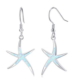 Starfish Earrings 925 Sterling Silver with Opal Fish Hoop Earrings Nautical Hawaii Beach Earrings Starfish Jewellery Gifts for Women Starfish Lovers, Sterling Silver, Opal