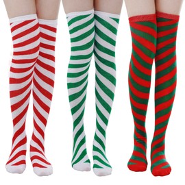 Dxhycc 3 Pairs Christmas Striped Knee High Socks Over Knee Thigh High Stocking Long Xmas Socks for Women