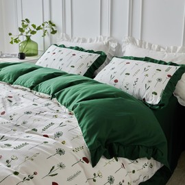SUSYBAO Red Flower Duvet Cover King 100% Cotton 3 Pcs Set 1 White Green Botanical Ruffle Duvet Cover with Zipper Ties 2 Pillow Shams Cute Emerald Green Yellow Floral Bedding Set Soft