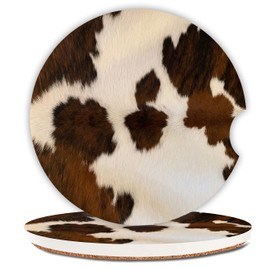 Absorbent Car Coasters 2 Pack for Women/Men,Cow Hide Car Coaster for Drinks,Ceramic Stone Car Cup Holder with A Finger Notch,Farm Animal Brown Cowhide Skin Print Cow