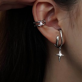 Atentuyi CZ Round Huggie Stud Earrings Silver Cross Earrings CZ Cross Earrings CZ Huggie Earrings Clip On Cartilage Earring Cross Dangle Earrings Jewellery for Women and Girls