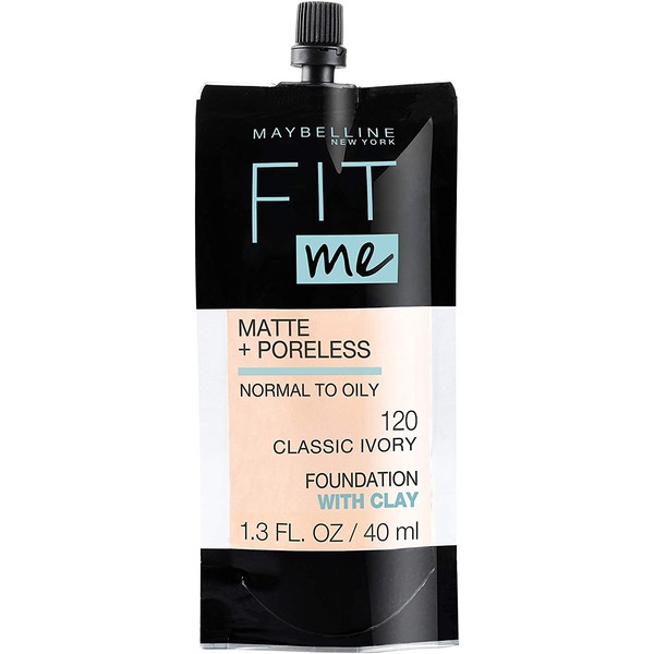 Maybelline Fit Me Matte + Poreless Liquid Foundation, Face Makeup, Mess-Free No Waste Pouch Format, Normal To Oily Skin Types, 120 Classic Ivory, 1.3 Fl Oz