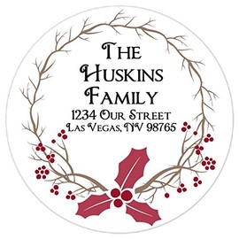 36 Christmas Stickers, Custom Christmas Address Labels, Branches and Berry Design, Holiday Stickers, 2.5 inch round
