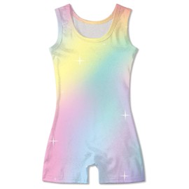 uideazone Girls Rainbow Leotards for Gymnastics Size 7 8 Sparkly Rainbow Pattern Biketards Kids One Piece Stretchy Dance Unitards with Shorts