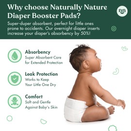 Naturally Nature Overnight Diaper Booster Pads, Stops Overnight from Leaking, Diaper Liners for Toddler, Nighttime Diapers Size 5, Adhesive Pad for Girls, Boys, 32 ct.