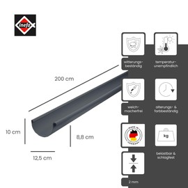 INEFA Gutter Plastic Semicircular 200 cm NW 100, Anthracite, Rain Gutters PVC, Easy Plug-In Installation, Made in Germany