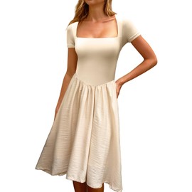 CHYRII Womens Fashion Summer 2025 Square Neck Short Sleeve A-Line Midi Dress Long Sundress Beige M