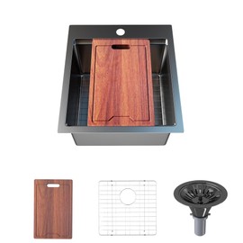 ARAUSK Drop in Kitchen Sink, 17 X 19 Inch Kitchen Sink Nano, 18 Gauge Gunmetal Matte Stainless Steel Sink, 9 Inch Depth Workstation Sink Single Bowl, T-304 Topmount Sink with Accessories