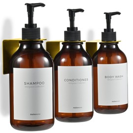 MaisoNovo Shampoo and Conditioner Dispenser - Shower Soap Dispenser Wall Mounted - 16.9 fl oz Set of 3 Amber Plastic Bottles Black Pump - 3 Chamber No Drill