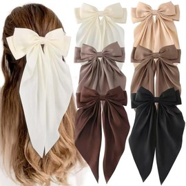 Big Silky Satin Hair Bows 2pcs 3pcs 6pcs Pack for Women Hair Ribbons Oversized Long Tail White Black Pink Multicolor Large Hair Barrettes Metal Clips Bowknot Aesthetic Accessories DX Grandway