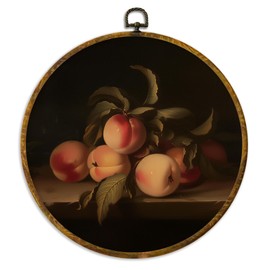 XPH Vintage Moody Peach Round Wall Art Framed, Dark Cottagecore Peach Circle Wall Decor, Rustic Farmhouse Fruit Hanging Canvas Prints for Home Kitchen Dining Room Decoration, 10x10 Inch