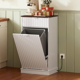 WLIVE 10 Gallon Tilt Out Trash Can Cabinet, Hidden Trash Can Cabinet with 2 AC+ USB Outlets, Storage Drawer, Food/Clothes Storage Pet Proof Kitchen Trash bin Cabinet for Home, Launday (White)
