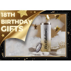 Onebttl 18th Birthday Gifts for Girls, Women, Her - 18 and Fabulous -20oz/590ml Stainless Steel Insulated Glitter Tumbler with Straw, Lid, Message Card - (Gold-Silver Gradient)