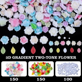 400 Pieces Camellia Flower Nail Charms for Acrylic Nails 3D Gradient Rose Floral Nail Gems Pink Green Leaf Nail Accessories White Pearls Nail Supplies for Women Nail Art Design (6 Colors Style A)