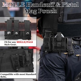 SZWRSKJ Handcuff Pistol Mag Pouch Combo, Open- Top Handgun 9MM Magazine Handcuff Case, Quick Release Cuff Holster for MOLLE Belt, Tactical Vest