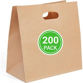 PAICUIKE 200Pcs 11x6x11 Die Cut Tote Brown Paper Bags with Handle Bulk, Kraft Paper Grocery/Takeout Bags for Restaurant, Bakery, Retail