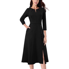 VFSHOW Womens Pleated Notch V Neck Pocket Button Work Business A-Line Midi Dress Front Split Professional Office Career Fit and Flare Mid-Calf Dress (Black, Small) 10835 BLK S